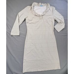 J McLaughlin Durham Dress White and Tan‎ 3/4 Sleeve Ruffled Vneck Women's Small